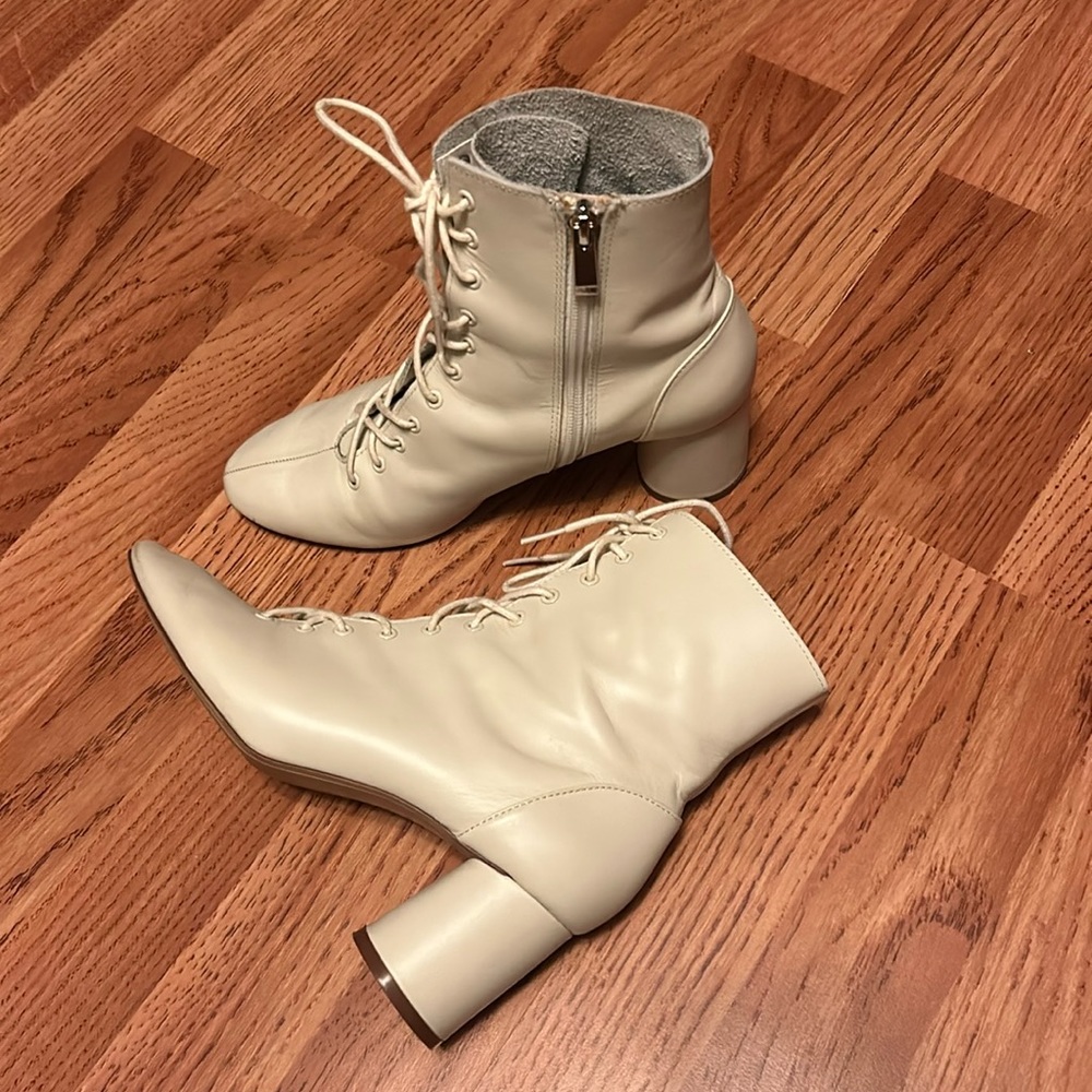 Zara White Leather Lace Up Ankle Boots